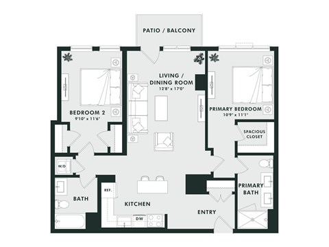 Floor plan for 2 beds, 2 baths, 1100 sqft